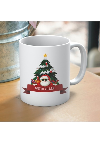 Yılbaşı Temalı Mutlu Yıllar Ve Noel Baba Baskılı Hediyelik Kupa Beyaz