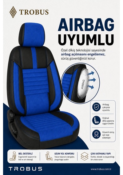 Renault Megane E-tech 2022+ Uyumlu Apex Serisi Tay Tüyü Bel Destekli Mavi Siyah Koltuk Kılıfı