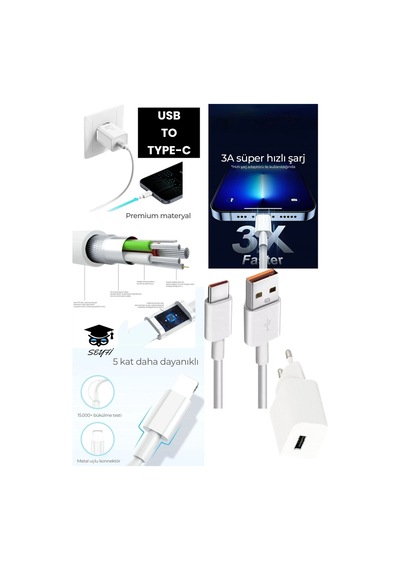 Usb - Type C Şarj Aleti Adaptör Ve 1 Metre Kablo 3 A Ac 110-240v Samsung İphone İpad