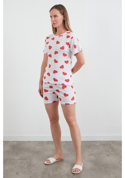 Fullamoda Kalp Baskılı Bisiklet Yaka Şortlu Pijama Takımı Beyaz