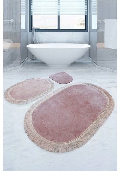 Bonny Home Pera Pudra 3'lü Banyo Paspası Seti Kaymaz Tabanlı Saça Pudra