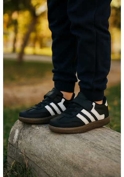 Günlük Unisex Çocuk Sneaker Bağcıklı Hafif Kaymaz Taban Ayakkabı SİYAH-BEYAZ