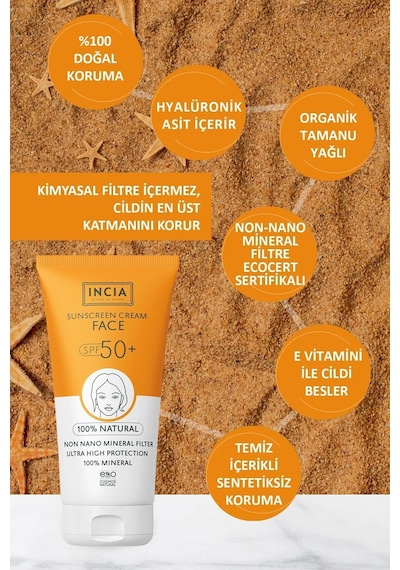 INCIA %100 Doğal Yüz Güneş Kremi Leke Karşıtı Mineral Filtreli Yüksek Koruma SPF 50+ UVA UVB 50 ML