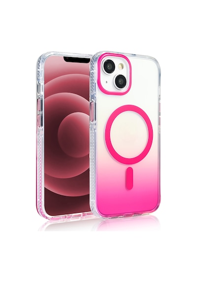 Apple Uyumlu iPhone 14 Kılıf Transparan Renk Geçişli M-safe Şarj Özellikli Toros Kapak Rose Pembe