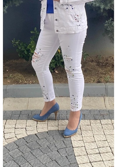Mia Butik Kadın Beyaz Star Jean Pantolon Beyaz