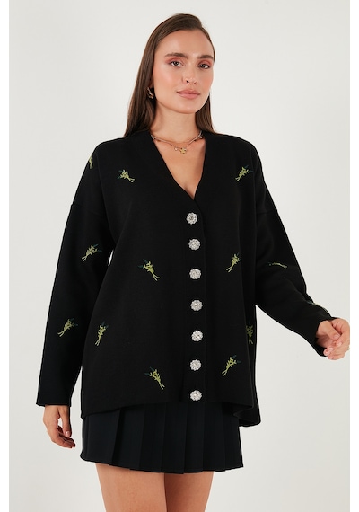 Lela Oversize Fit Desenli V Yaka Triko Bayan Hırka 4616193 Siyah