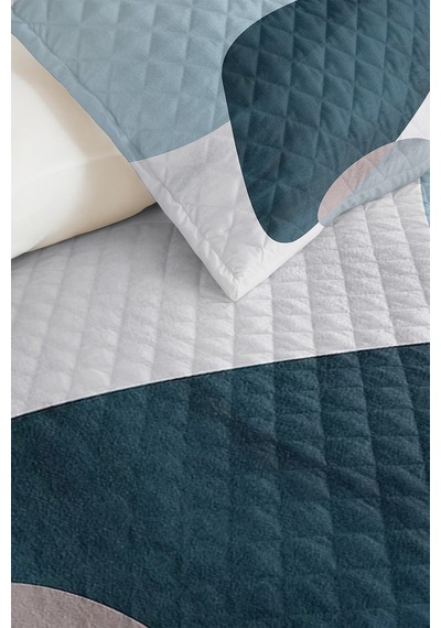 Mavi Geometrik Modern Genç Odası Tek Kişilik Pike Takımı-pudra Gri 160x220 Cm Kapitone Yatak Örtüsü Krem