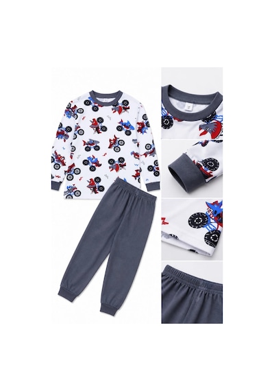Ertaş Trend Store Erkek Çocuk Premium Penye Canavar Araba Desenli Uzun Kollu Pijama Takımı 2-11 Yaş - Füme Çok Renkli