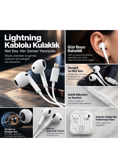 Lightning Kablolu Kulak İçi Kulaklık Mikrofonlu, İphone Uyumlu Diğer