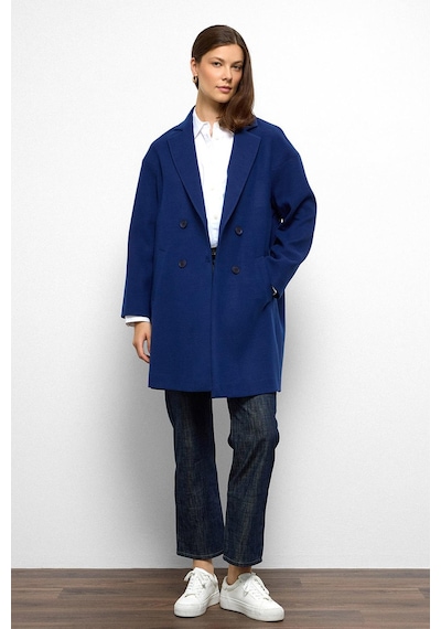 Olcay Desenli Astarlı Oversize Kruvaze Kaban Saks 3095 Saks Mavi