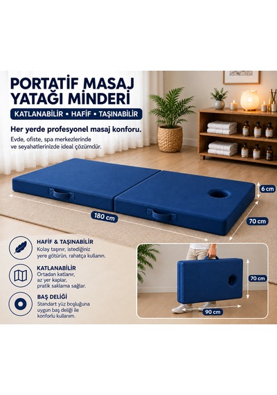 Masaj Yatağı Portatif Katlanabilir Masaj Yatağı Minderi 6 Cm Sünger 180x70 Cm Mavi
