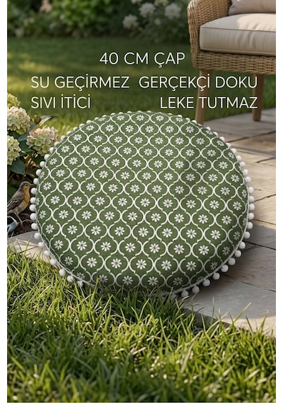 Yuvarlak Dekoratif Minder 40 Cm Yeşil Çiçek Desenli Puf Minder Beyaz Ponponlu Şık Ev Aksesuarı Çok Renkli
