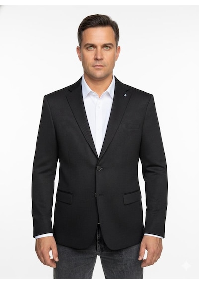 Plus Scorpion Erkek Bej Slim Fit Blazer Ceket Çizgili Dokulu Kumaş Çift Düğmeli Siyah