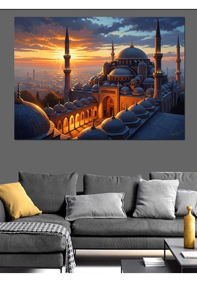 Ahşap Tablo Gece Işıklarında İstanbul Camii Manzarası