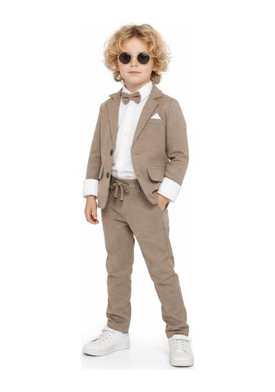 Baby Kids Colors Erkek Çocuk Flamlı Keten Salaş Ceketli Takım Elbise / Gömlek Pantolon Ceket Papyon Keten Takım Kahverengi