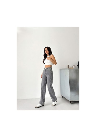 Kene Jeans Kadın Yüksek Bel Kar Siyah Boyfriend Bol Paça Denim Kot Pantolon Kar Siyah