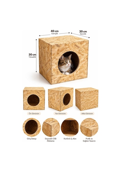 Reyo 40x30x30 cm Kedi Evi Ahşap Kedi Yuvası, Sokak Kedileri için Barınak CAT05