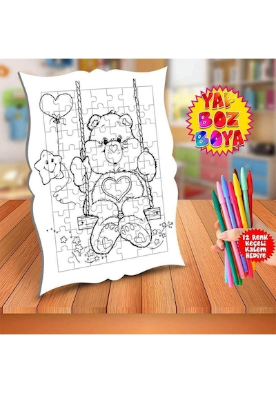 Salıncakta Kalpli Ayıcık Eğitici Boyama Puzzle Tablo Çocuk-238