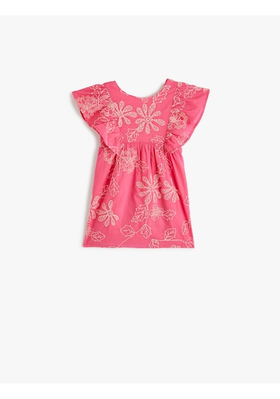Koton Elbise Çiçek İşlemeli Kolsuz Fırfır Detaylı Yuvarlak Yaka Pamuklu Pembe Desenli 4smg80036aw Pembe