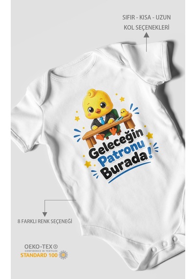 Morivokids Geleceğin Patronu Burada Kısa Kollu Bebek Body %100 Pamuk Beyaz