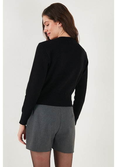 Lela Premium Regular Fit Yuvarlak Yaka Crop Triko Bayan Hırka 680Hi00110 Siyah