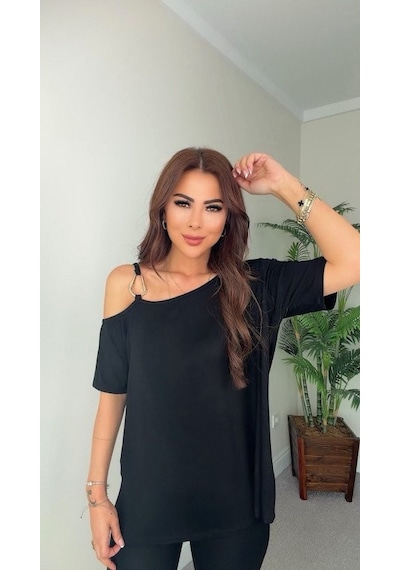 De'charme Kadın Kısa Kollu Tek Omuzdan Askılı Toka Detaylı Viskon Bluz Siyah