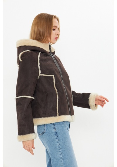 M M Marki Marki Hakiki Nubuk Deri Kapüşonlu Oversize Kadın Mont - İçi Kürklü - Kahverengi 65 Cm - 115522 Nubuk Kahverengi