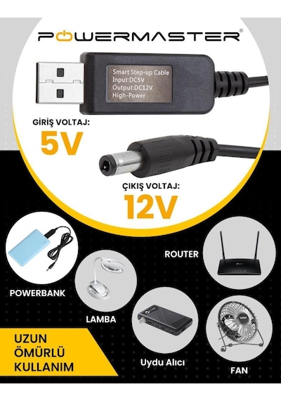 Powermaster 5V-12V Usb To Dc 5.5X2.5Mm Kablo 12V 1A