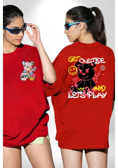 Dışarı Çık Ve Oynayalım Teddy Kırmızı Oversize Unisex Ön Ve Sırt Baskılı Tişört Kırmızı