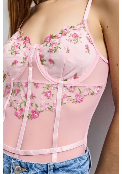 Kadın Pembe W5 Çıtçıtlı Toparlayıcı Özel Çiçek Ve Dantel Desenli Tasarım Askılı Body