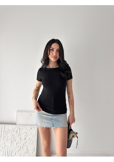 Elaxi Kadın Kısa Kollu Kayık Yaka Buzy Kumaş Tişört Siyah