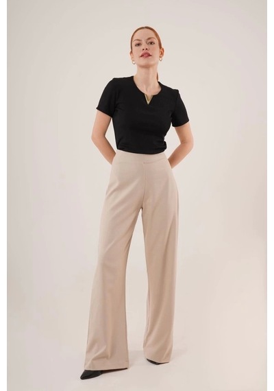 Defymoda Bol Paça Yandan Fermuarlı Krem Kumaş Pantolon Krem Defymoda Bol Paça Yandan Fermuarlı Krem Kumaş Pantolon Krem