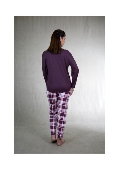 Estiva Kadın Kareli Alt Desenli Mürdüm Uzun Kollu Soft Pijama Takımı Çok renkli