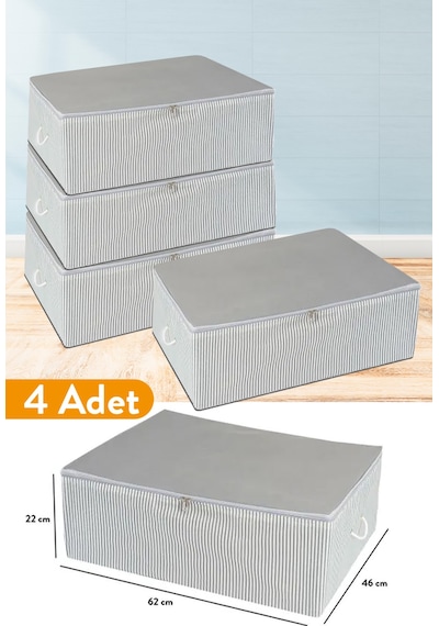 Serstil 4 Adet - Büyük Boy Baza Altı Antrasit Çizgili Hurç 62 X 46 X 22 Cm