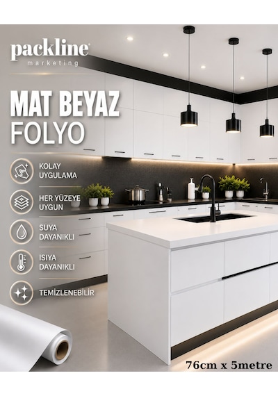 Packline Marketing Mat Beyaz Yapışkanlı Folyo Mutfak Dolap Ve Mobilya Kaplama Folyosu 76cm X 5mt 010 - Mat Beyaz