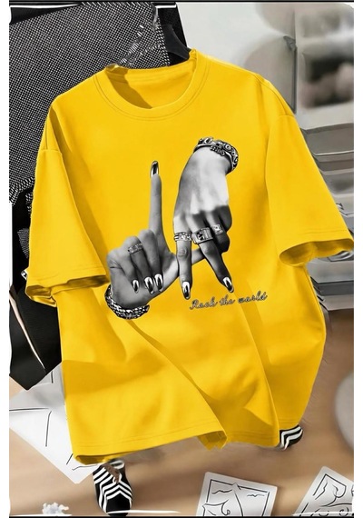 La El İşareti Ön Baskılı Sokak Modası Unisex T-shirt Sari