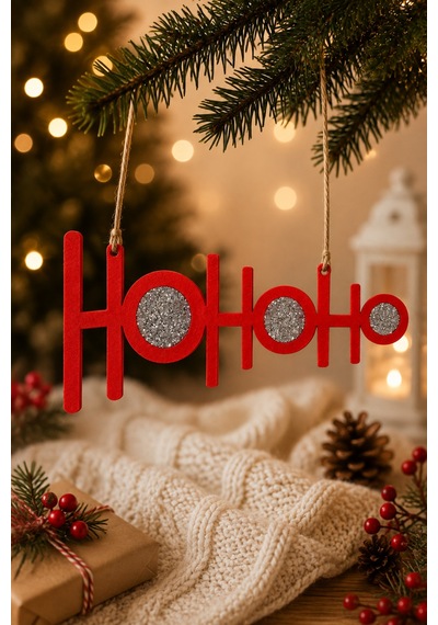 Ho Ho Ho Yılbaşı Süsü Kırmızı Keçe, Gümüş Taşlı, Asma İpli Kırmızı