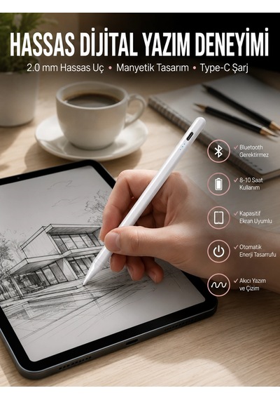 Plentifuldokunmatik Kalem Beyaz Şarjlı Yedek Uçlu Android Ve İos Uyumlu