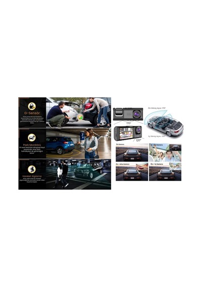 Akıllı Full Hd 3 Kameralı Araç İçi Güvenlik Kamerası Ön-arka-iç Kayıt, Park Modu