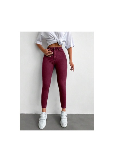 Kene Jeans Yüksek Bel Bordo Keten Dar Paça Pantolon Bordo