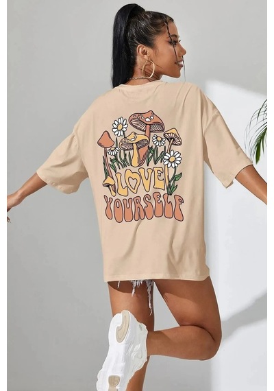 Flood Of Style Kadın Bej Love Yourself Baskılı Oversize T-shirt