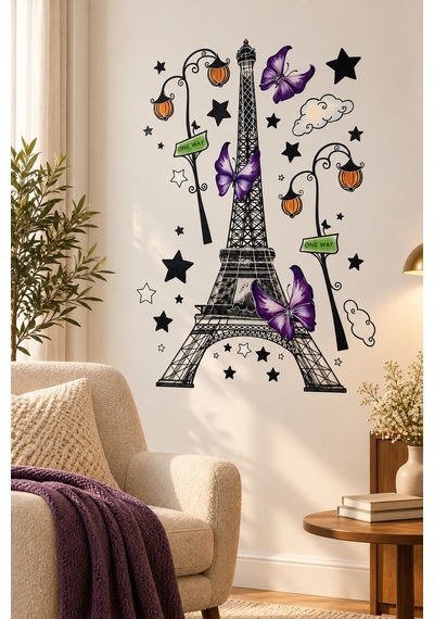 3d Renkli Eyfel Kulesi Duvar Stickerı 32x50 Cm Mor Kelebekli Paris Temalı Oda Duvar Dekorasyonu