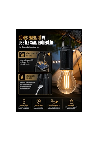 Taşınabilir Askılı Ampul Kamp Lambası,solar Ve Usb Type-c Şarjlı Led Ampul Lamba,su Geçirmez,iç/dış Mekan,kamp,çadır,bahçe,aydınlatma Şeffaf