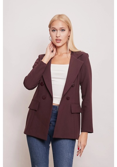 Kadın Düğme Detaylı Uzun Kol Şık Ofis Süs Cep Kapaklı Kumaş Blazer Ceket-mürdüm Mürdüm
