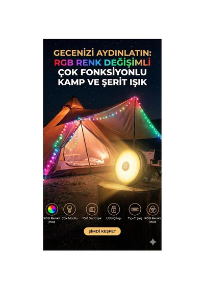 Şarjlı 10 Metre Ledli Şarj Göstergeli 7 Işık Modlu Hareketli Ve Flaşör Modlu Kamp Lambası Led I Standart