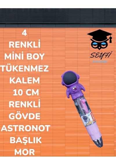 4 Renkli Mini Boy Tükenmez Kalem 10 Cm Renkli Gövde Astronot Başlık Mor