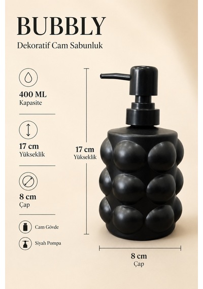 Bubbly Kabartmalı Bubble Model Cam Sıvı Sabunluk Siyah Pompalı 400 Ml, 17 X 8 Cm