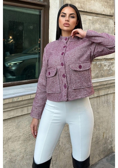 Bordo Dik Yaka, Çift Kapaklı Cep, Kısa Kesim, Diagonal Kaşe Ceket Bordo