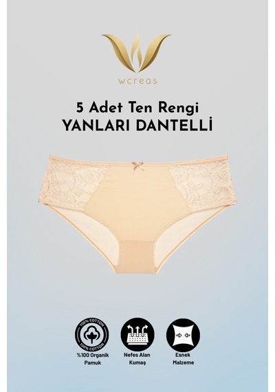 Wcreas Yanları Dantelli Pamuklu Kadın Bato Külot, 5'li Paket Pamuklu Yumuşak Kumaş Dantelli Külot Ten