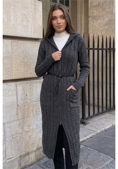 Onno Style Women Saç Örgü Triko Uzun Kadın Hırka Gri